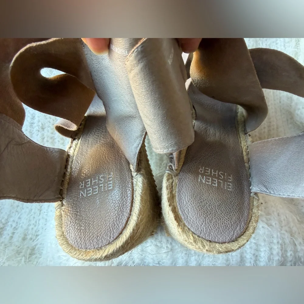 Eileen Fisher Tan Espadrille Wedge Sandals leather upper‎ & jute wrapped Sz-8. S